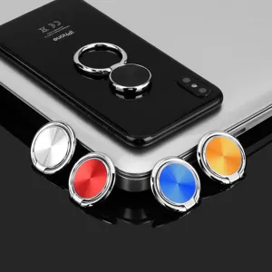 Close-up detail of ultra-thin metal phone ring holder with CD texture and 360-degree rotation.