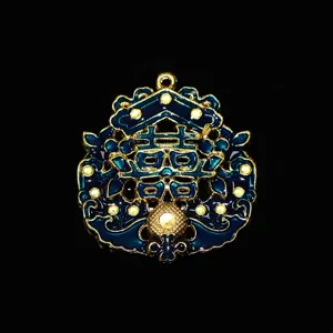 Traditional Chinese double happiness pendant detail, blue enamel alloy DIY hair accessory.
