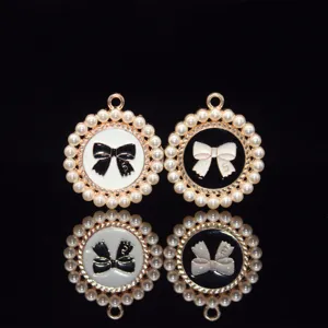 Zinc Alloy Artificial Pearl Bow Drip Oil Round Pendant DIY Hair Accessory Jewelry Findings Craft Material