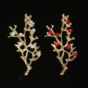 Gold Alloy Flower Branch DIY Jewelry Accessories Bridal Hairpin Headpiece Material With White And Red Rhinestone