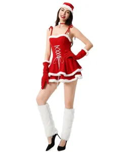 Joli costume de Noël sexy pour femme robe cosplay Père Noël rouge en velours avec chapeau