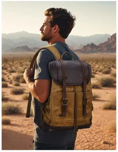 Detailed view of the vintage canvas and leather backpack in an outdoor desert setting.