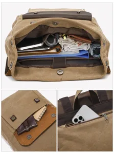 Canvas backpack detail view showing spacious main compartment, front pocket, and rear zipper pocket.