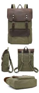 Canvas backpack details showing durable straps, crazy horse leather flap and multiple compartments.