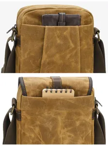 Canvas messenger bag detail showing durable waxed fabric, leather trim, and multi pockets.