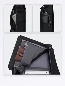 Black oxford cloth backpack detail showing multi-functional side pockets and spacious interior.