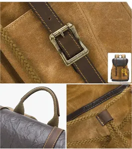 Vintage canvas backpack detail showing durable hardware, wax canvas fabric and fine stitching.