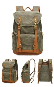 Detailed view of multi-angle retro canvas backpack with leather straps and large capacity.