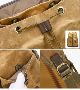 Detail view of canvas backpack drawstring closure and antique bronze hardware features.