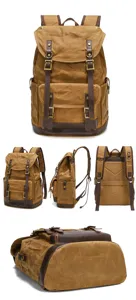 Vintage canvas leather backpack detail view showing multi-angle design of retro travel rucksack.
