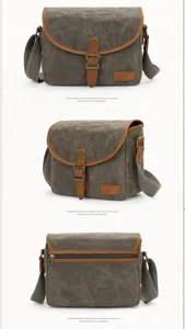 Vintage canvas dslr camera bag with leather trim, large capacity shockproof messenger bag.