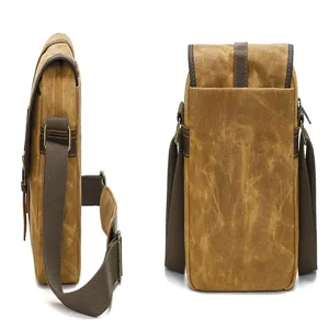 Men vintage waxed canvas messenger bag, casual shoulder crossbody bag with adjustable strap.
