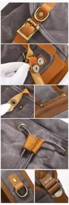 Canvas backpack hardware detail, metal buckles, leather straps, durable stitching craftsmanship.