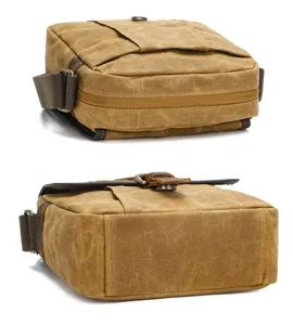 Men canvas messenger bag detail shot showcasing durable fabric, zipper and flap design.