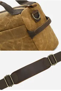 Vintage waxed canvas men bag detail view, durable leather trim and metal hardware closeup.