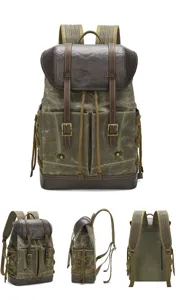 Vintage canvas backpack for men, multi-pocket outdoor travel rucksack with leather flap details.