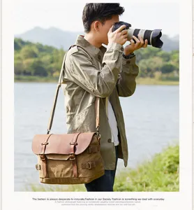 Vintage canvas leather messenger camera bag, casual cross-body photography bag for outdoor travel.