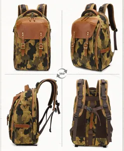 Zaino per fotocamera vintage in tela impermeabile con dettagli in pelle e tasche.
