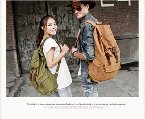 Detailed shot of vintage canvas backpack for travel and school, large capacity multi-pocket rucksack.