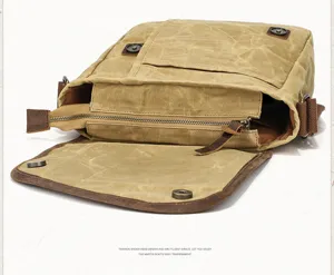 Vintage mens canvas messenger bag, waterproof waxed shoulder bag for daily casual use.