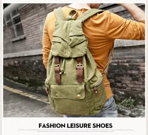 Vintage canvas backpack for men and women, casual student travel rucksack with large capacity.