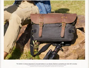 Vintage waterproof waxed canvas shoulder camera bag for DSLR, casual retro crossbody messenger bag.