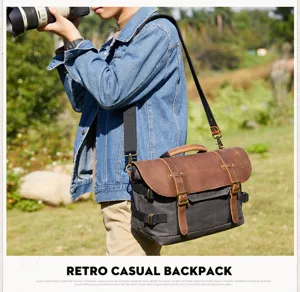 Retro canvas camera shoulder bag detail view, showing durable leather trim and vintage style.