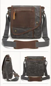 Detailed view of casual canvas leather messenger bag showing multi-angle product design.