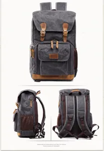 Vintage canvas waterproof camera backpack, retro grey rucksack for men and women, multi-functional.