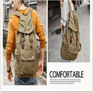 Canvas backpack for casual travel, vintage style dual shoulder bag with flap and multiple pockets.