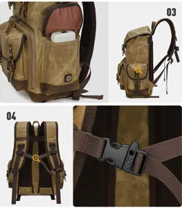 Vista dettagliata dello zaino in tela cerata vintage con tasche multiple e fibbie resistenti.
