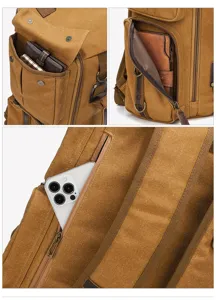 Men's vintage canvas backpack detail view, large capacity waterproof travel rucksack with multi pockets.
