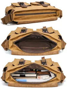 Sac Bandouler Homme Vintage en Toile et Cuir Sacoche Ordinateur Casual Affaires