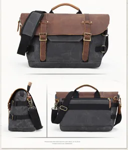 Vintage canvas leather messenger bag, retro multi-functional camera cross-body shoulder bag.