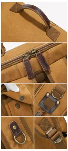 Vintage canvas backpack detail showing durable leather handle and brass hardware.