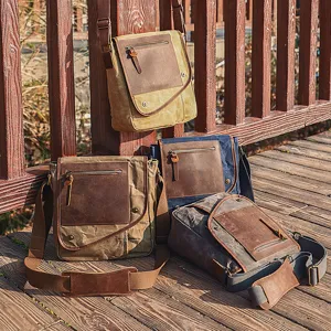 Men's casual retro canvas messenger bag, waterproof waxed canvas shoulder bag for daily use.