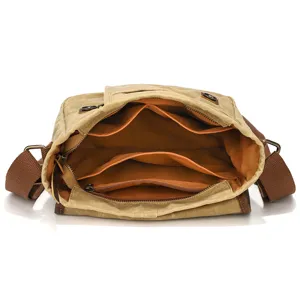 Vintage waterproof canvas men messenger bag casual shoulder crossbody bag with multiple inner pockets.