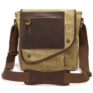 Vintage canvas messenger bag for men, waterproof waxed shoulder crossbody bag with leather trim.
