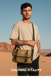 Canvas messenger bag for men, vintage shoulder camera bag with adjustable strap and buckles.