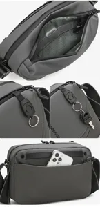Grey mens sling camera bag with multi-pocket compartment and quick release buckle for outdoor.