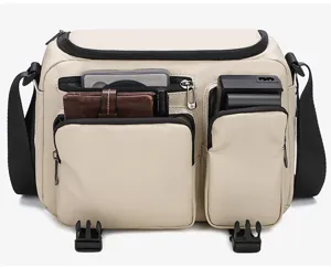 Sac à bandoulière pour appareil photo DSLR beige, sacoche multi-poches objectifs.