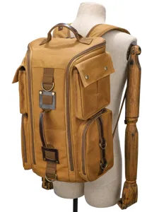 Vintage canvas backpack featuring large capacity, multiple pockets, and retro style for men.