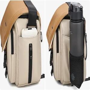 Vue détaillée du sac photo multifonctionnel montrant des poches latérales pratiques.