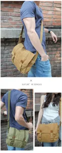 Close-up detail shot of canvas messenger bag worn by models, showing fabric and hardware.