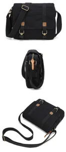 Black canvas messenger bag detail showing durable hardware, adjustable strap and flap design.