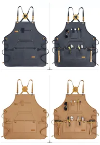 Canvas tool apron with cross-back straps, multiple utility pockets and hammer loops for gardening.