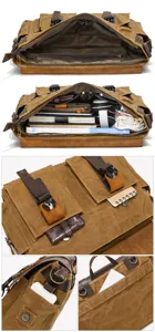 Detailed view of men's vintage canvas messenger bag showing large capacity and multi pockets.