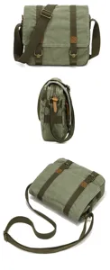 Detailed view of the green canvas messenger bag showing metal hardware and durable strap.