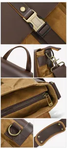 Men's canvas leather messenger bag detail view, casual vintage shoulder cross-body bag.