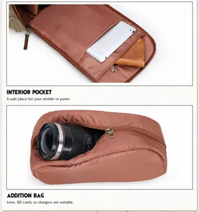 Canvas camera backpack detail interior pocket and lens pouch design for travel photography